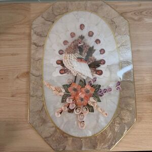Vintage Mother of Pearl Seashell Mosaic Art Floral Peafowl Classic Wall Plaque